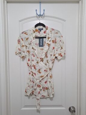 Modcloth Cream Floral Wrap Blouse with Tie Waist